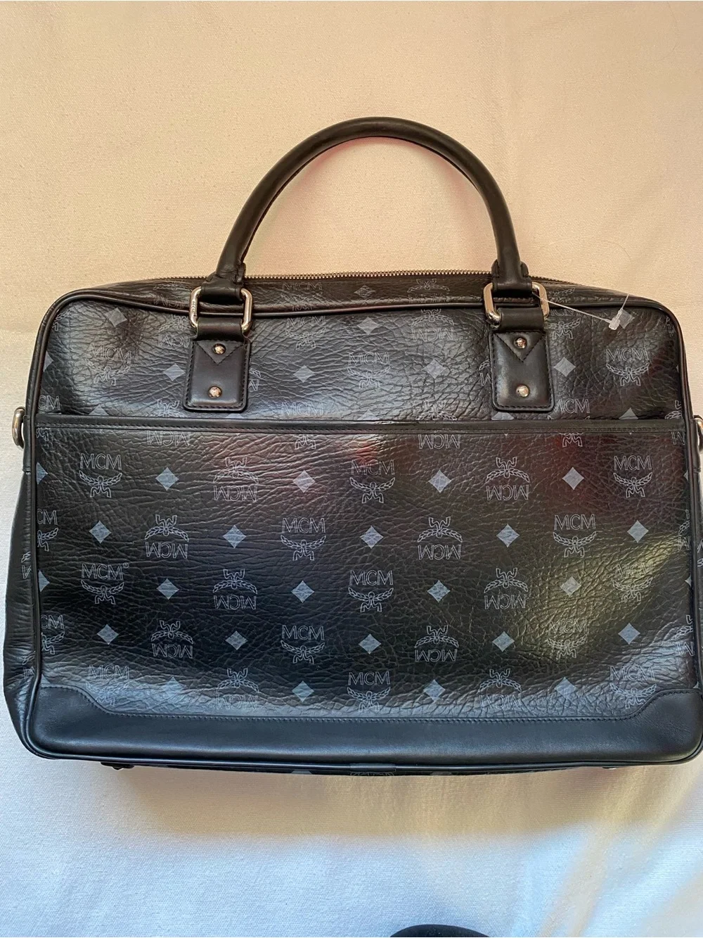 MCM Black Logo-Print Leather Briefcase with Front Flap Pocket